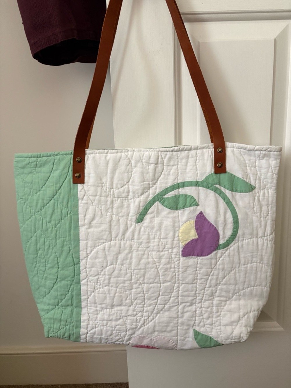 Antique Quilted Floral Tote Bag in White, Mint & Lavender - Picture 2 of 4